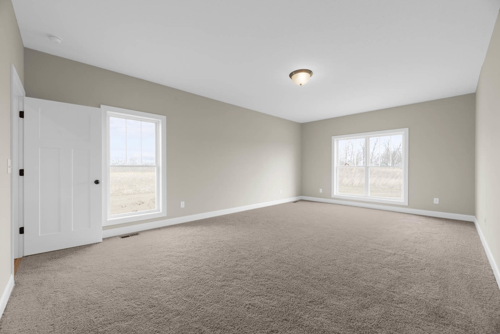 Beige carpeted room with white trim, multiple windows overlooking a grassy field, white ceiling, and a door with a white shade light fixture