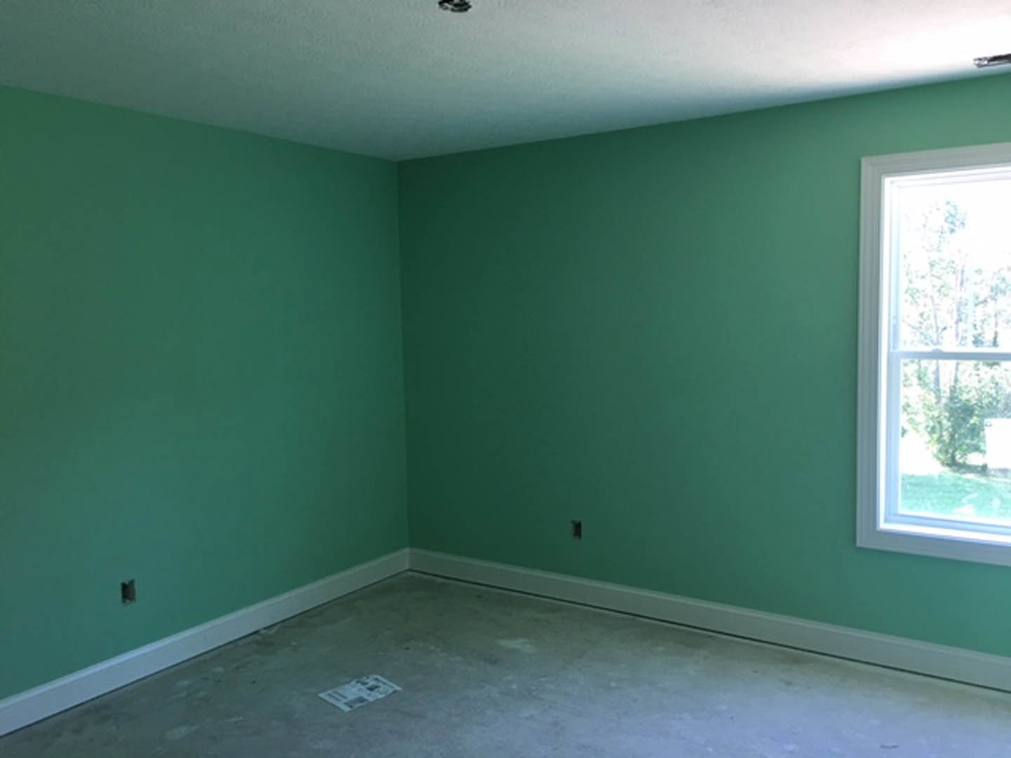 Room with green plaster walls, white-framed window overlooking trees, light-colored flooring, piece of paper on the floor, blue sky visible through window