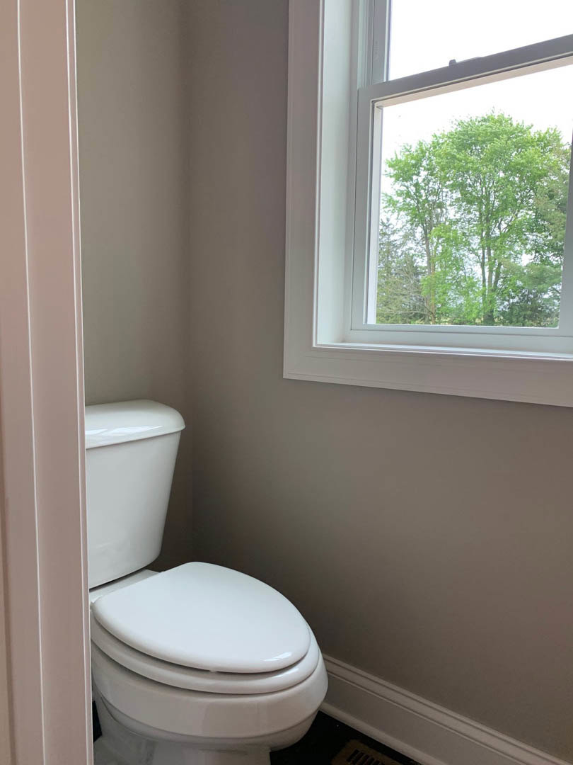 White toilet with closed lid beside a window showing trees outside, light-colored walls, partial view of white bathtub.