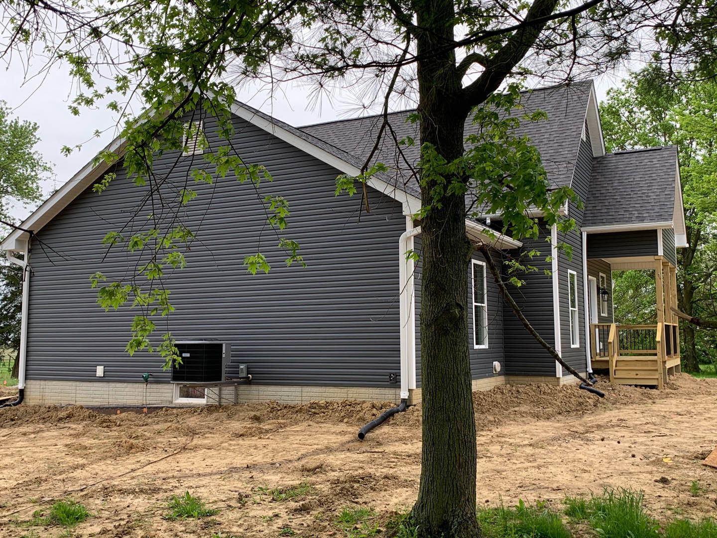 Two-story house with light siding, wooden porch and railing, tree with thick trunk and branches beside window, green grass and garden area, exposed pipe along exterior wall.