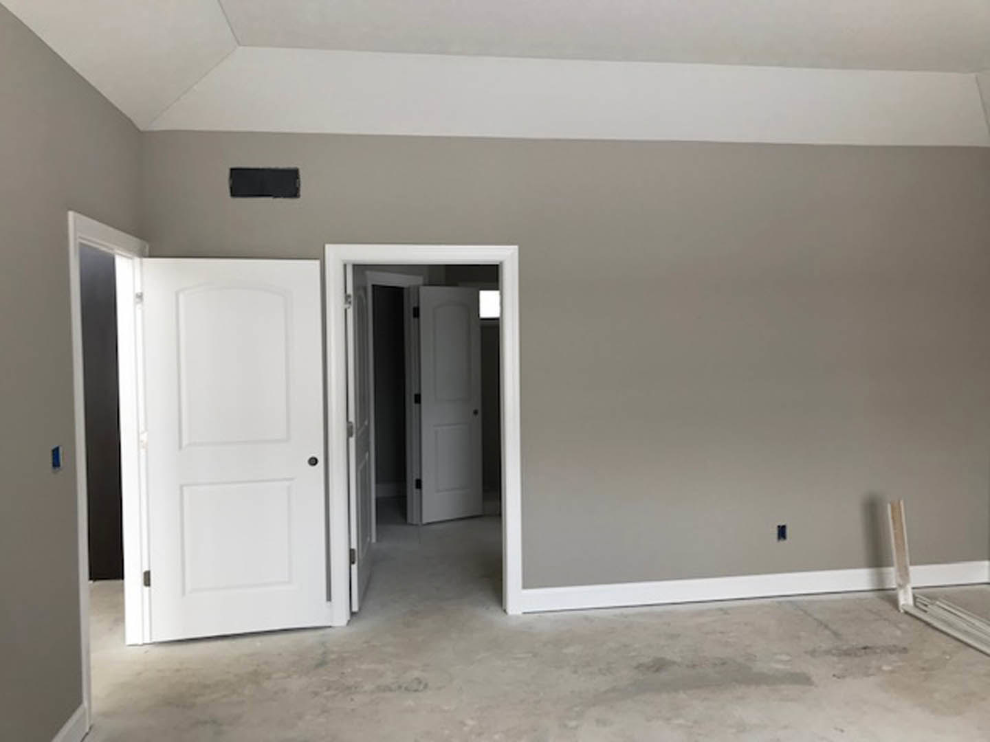 Gray-painted wall with white paneled doors featuring black hardware, white baseboards, and light-colored flooring in a modern residential interior.