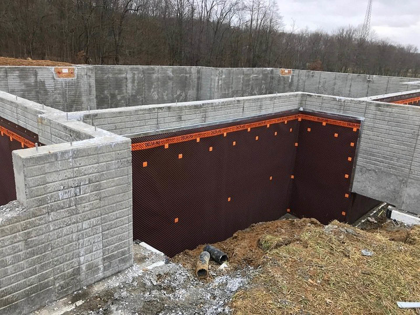 Concrete house foundation with exposed metal rebar, surrounded by dirt, grass, and trees under a cloudy winter sky