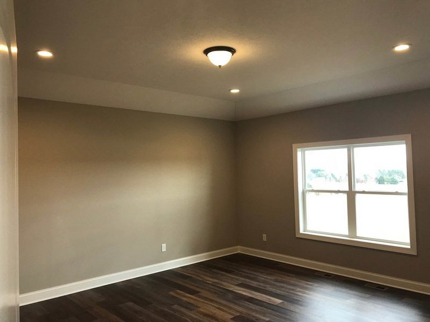Dark wood flooring with white baseboards, white-framed window, plaster walls, and ceiling-mounted light fixture in a residential interior.