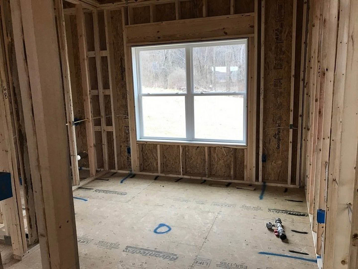 Bright room with two large windows, white plaster walls, wood trim, blue paint on the floor, and trees visible outside