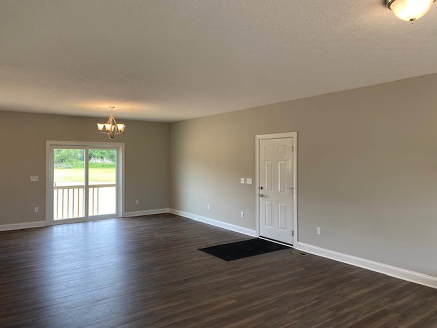 Sliding glass door overlooking grassy yard, adjacent to white interior door with silver handles, black rug on wood laminate floor, three-shade ceiling light fixture, white plaster