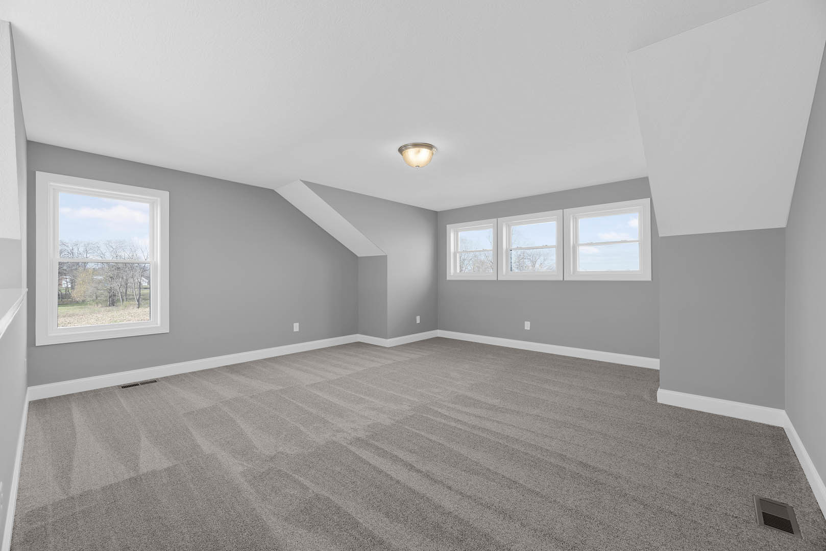 Grey carpeted room with white walls, multiple windows offering views of green trees and grass, ceiling light fixture, and natural light illuminating the space.