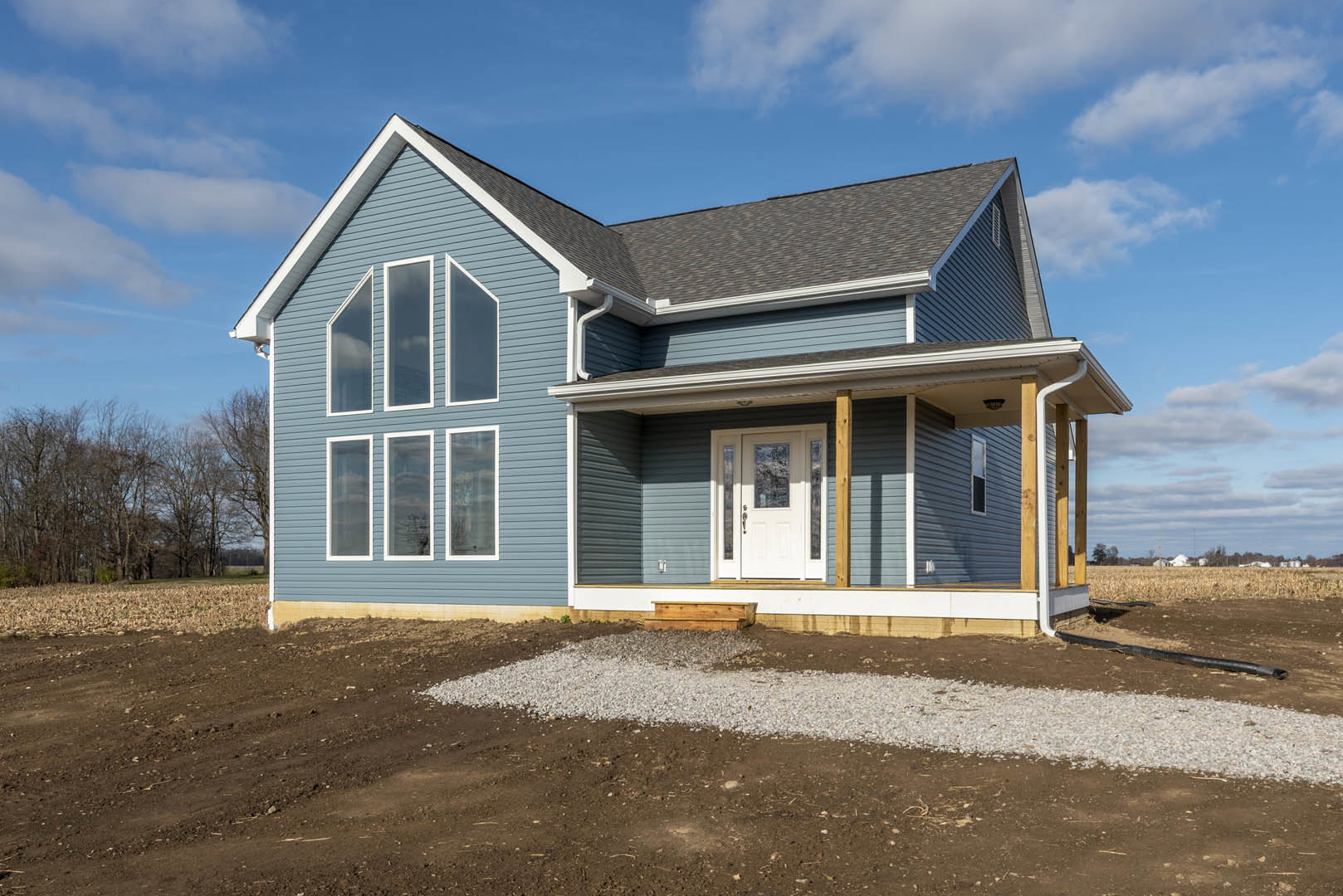 Two-story house with light siding, white door featuring a glass panel, dirt path leading to entrance, surrounded by mature trees and cloudy sky.