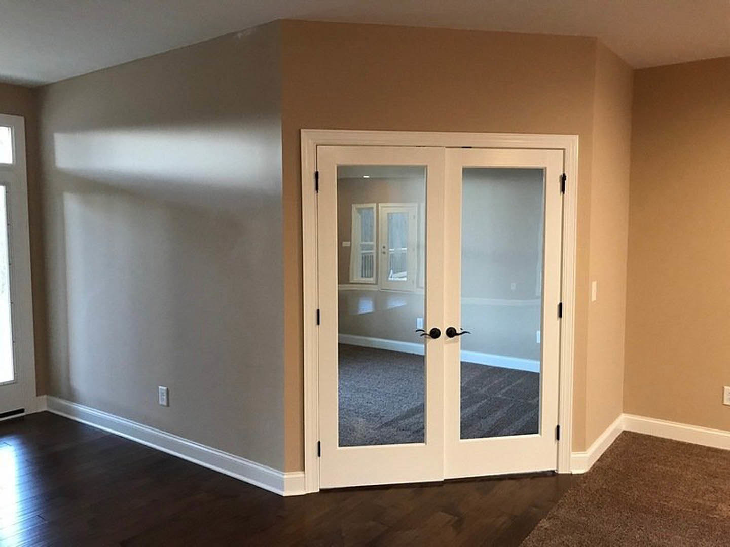 Double glass-paneled doors with white trim and brown frame opening into a carpeted room with neutral walls and natural light.