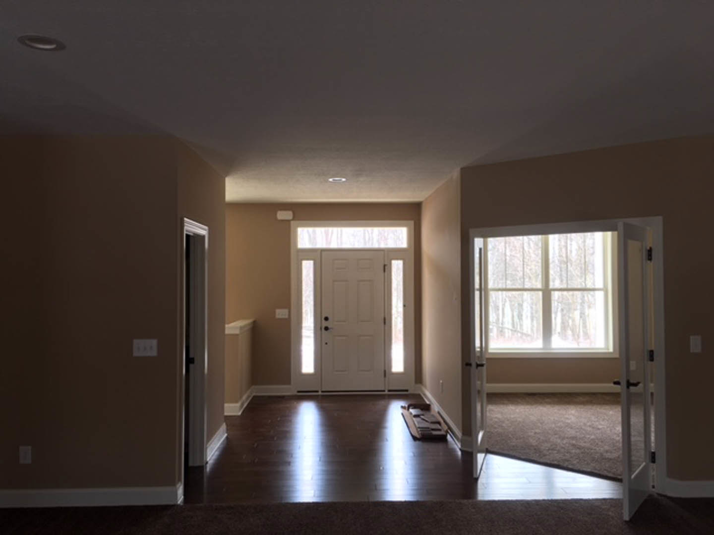 White paneled door with black hardware beside a large window overlooking forest, light switch on pale plaster wall, hardwood flooring, white ceiling