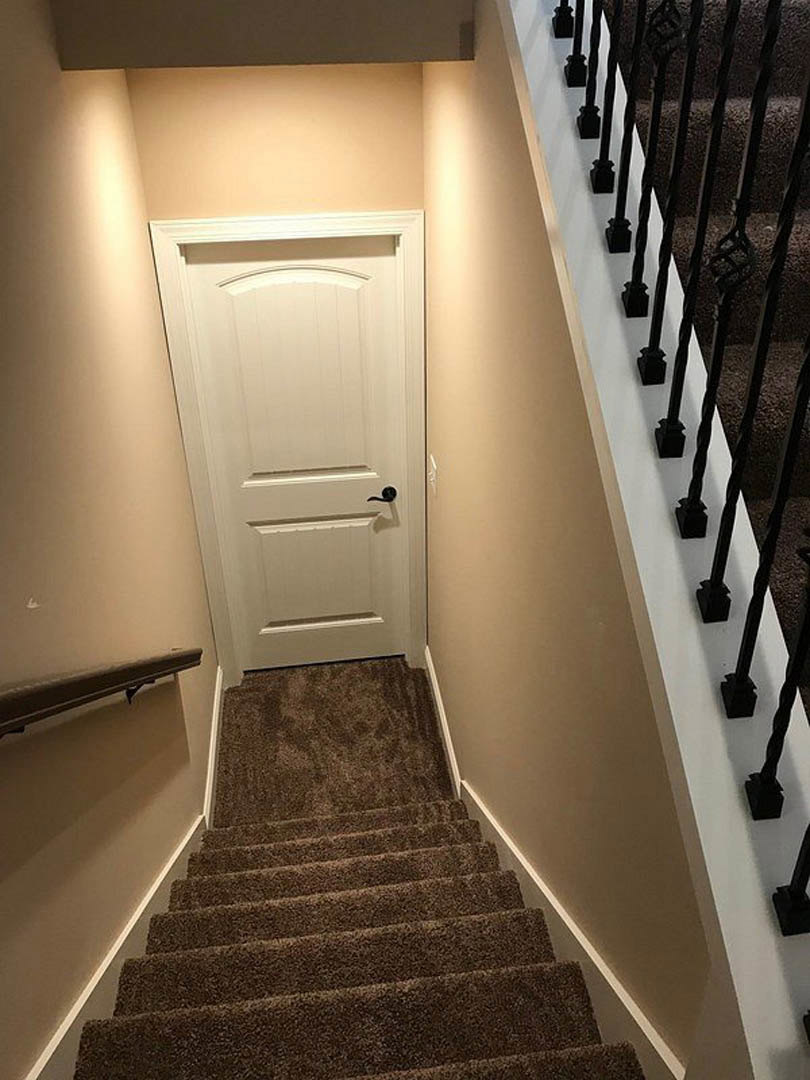 Carpeted staircase with black metal railings, white door with black handle, light-colored walls