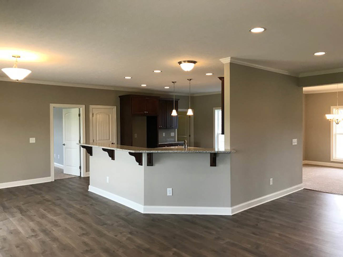 Open kitchen and living room with hardwood floors, white walls and trim, white doors with silver handles, cabinetry, and a wall-mounted light fixture.