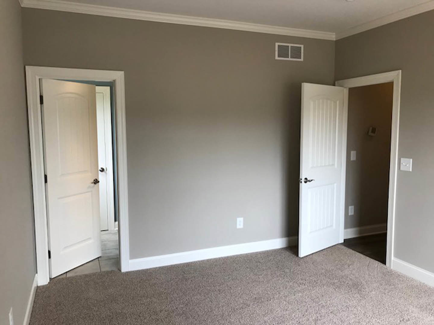 Carpeted room featuring two white doors with contrasting silver and black handles, a wall-mounted light switch, window with vent, and plaster walls with molding.