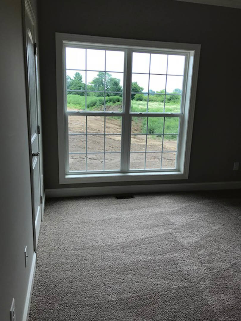 Carpeted room with white walls, large window overlooking dirt field and trees, close-up of paneled door, window blinds partially open