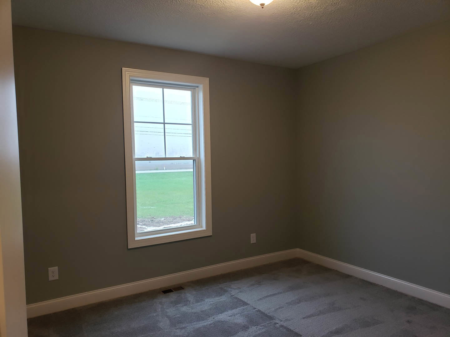 Carpeted bedroom with large window overlooking grassy field, white plaster walls, ceiling light fixture, and natural daylight illuminating the space
