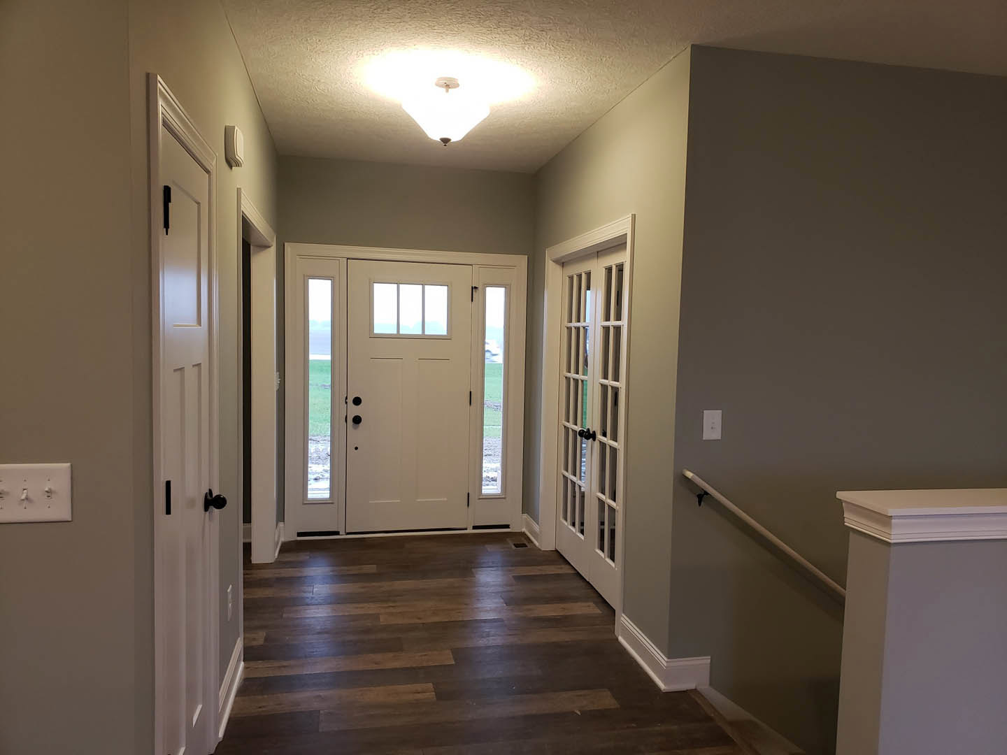 Hallway with white paneled doors, wood plank flooring, white walls, ceiling light fixture, and door with glass window panes