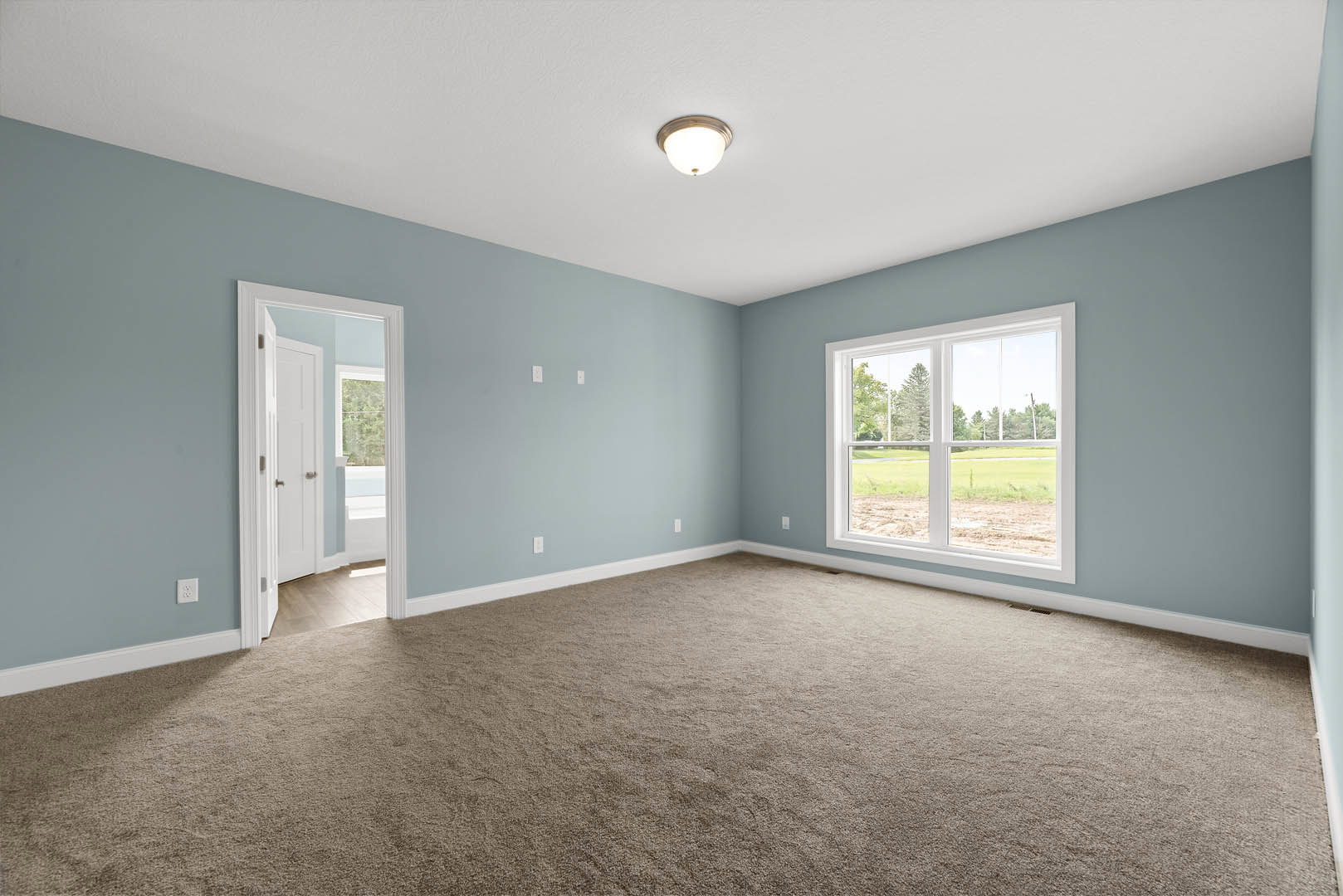 Carpeted room with white walls, large window overlooking grassy field, white door, ceiling light fixture, and crown molding
