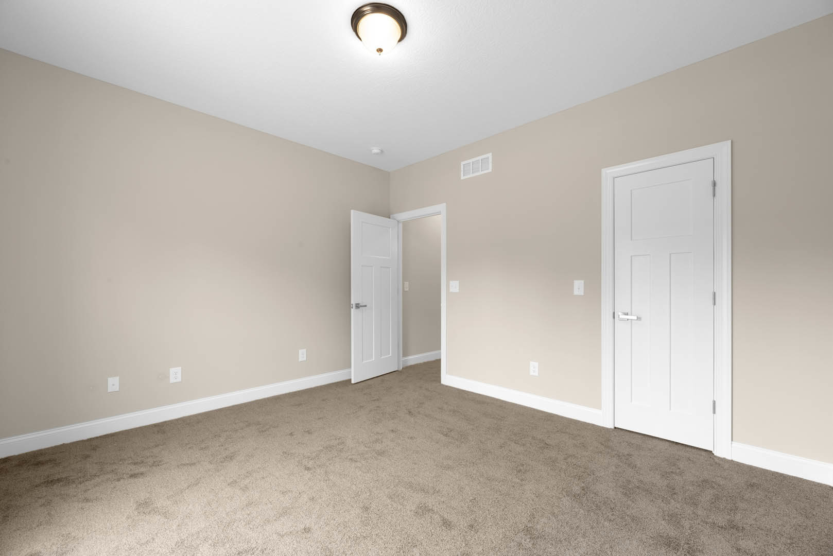 Beige-painted room with white paneled doors, silver door handle, white-framed window, plush light carpet, ceiling light fixture, and wall-mounted light switch