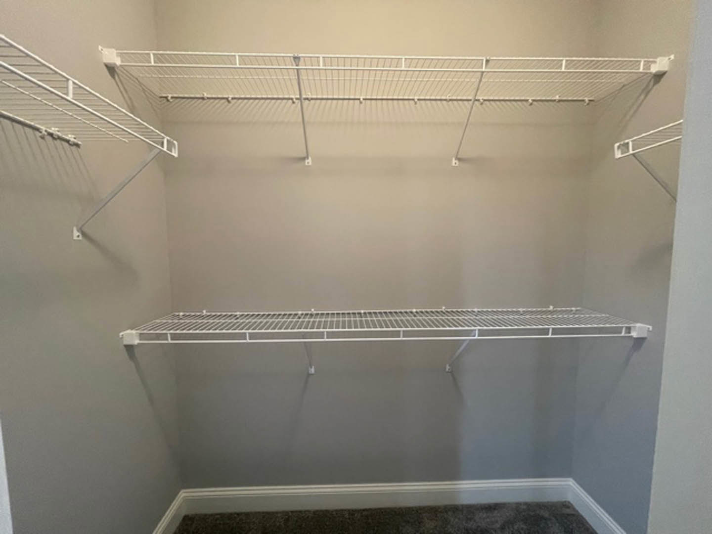 Corner closet with white metal shelving, carpeted floor, and a white metal rack with hanging pole; white shelf with metal grate and a wall-mounted white ladder are visible.
