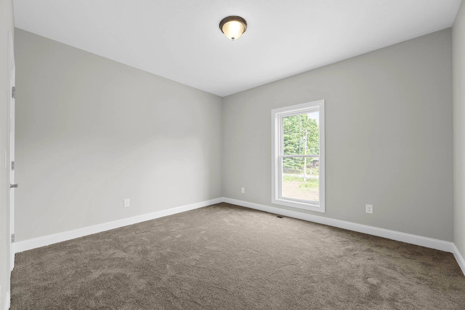 Carpeted room with white walls, large window overlooking trees, ceiling light fixture, and decorative molding