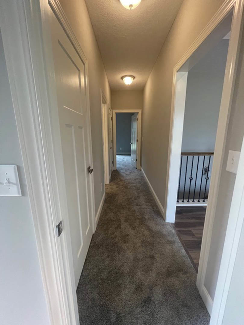 Hallway with light-colored carpet, multiple white paneled doors, white walls, and a metal railing; visible light switch on wall
