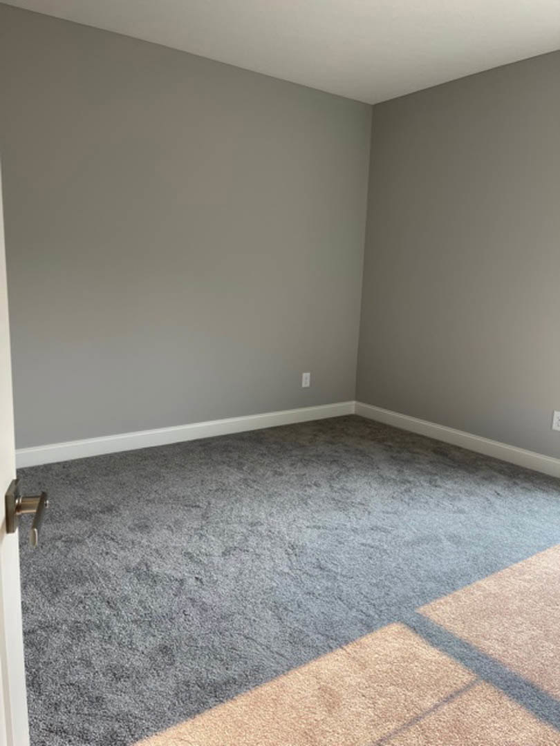 Grey carpeted floor in a room with light grey walls, open white door, and natural light casting soft shadows across the carpet