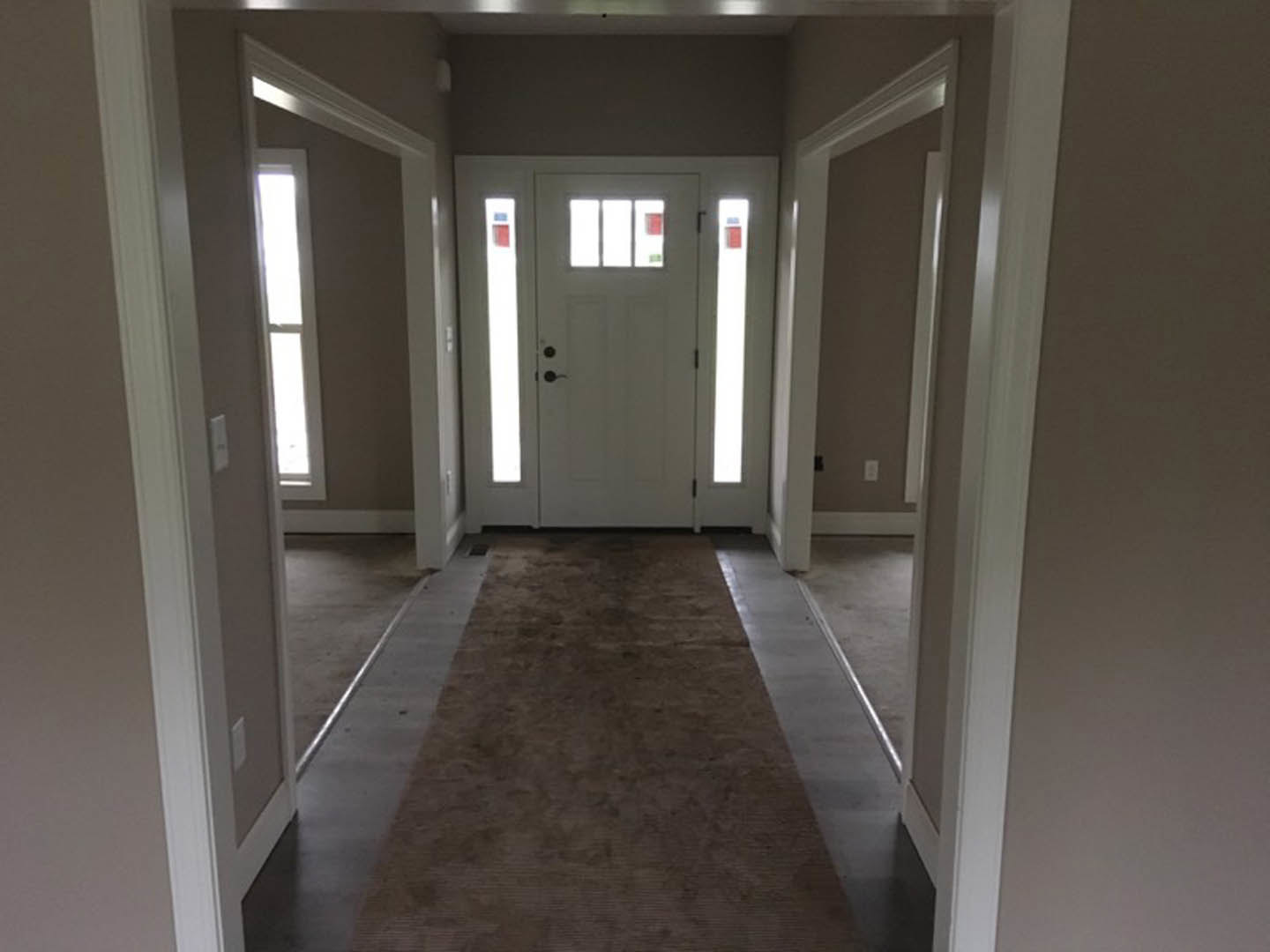 Hallway with brown carpet flooring, white door featuring three glass windows, plaster walls, and natural daylight streaming through the door window