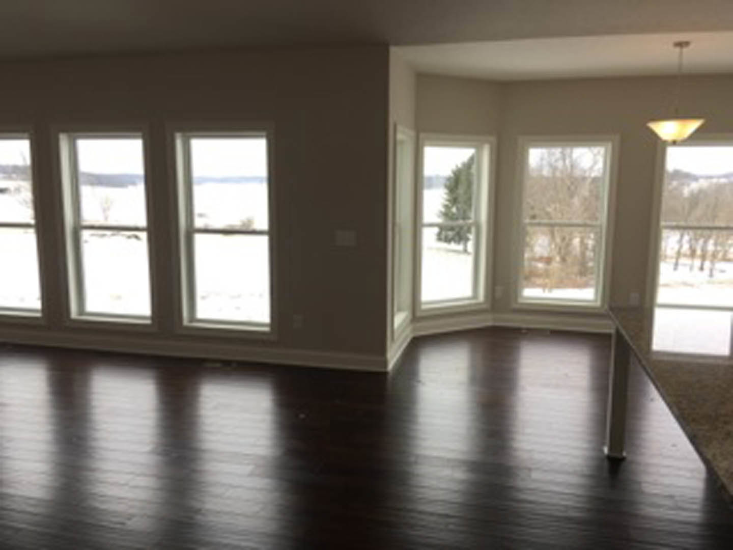 Dark hardwood floor with white trim, large window overlooking snowy landscape and trees, white walls, partially visible table in foreground