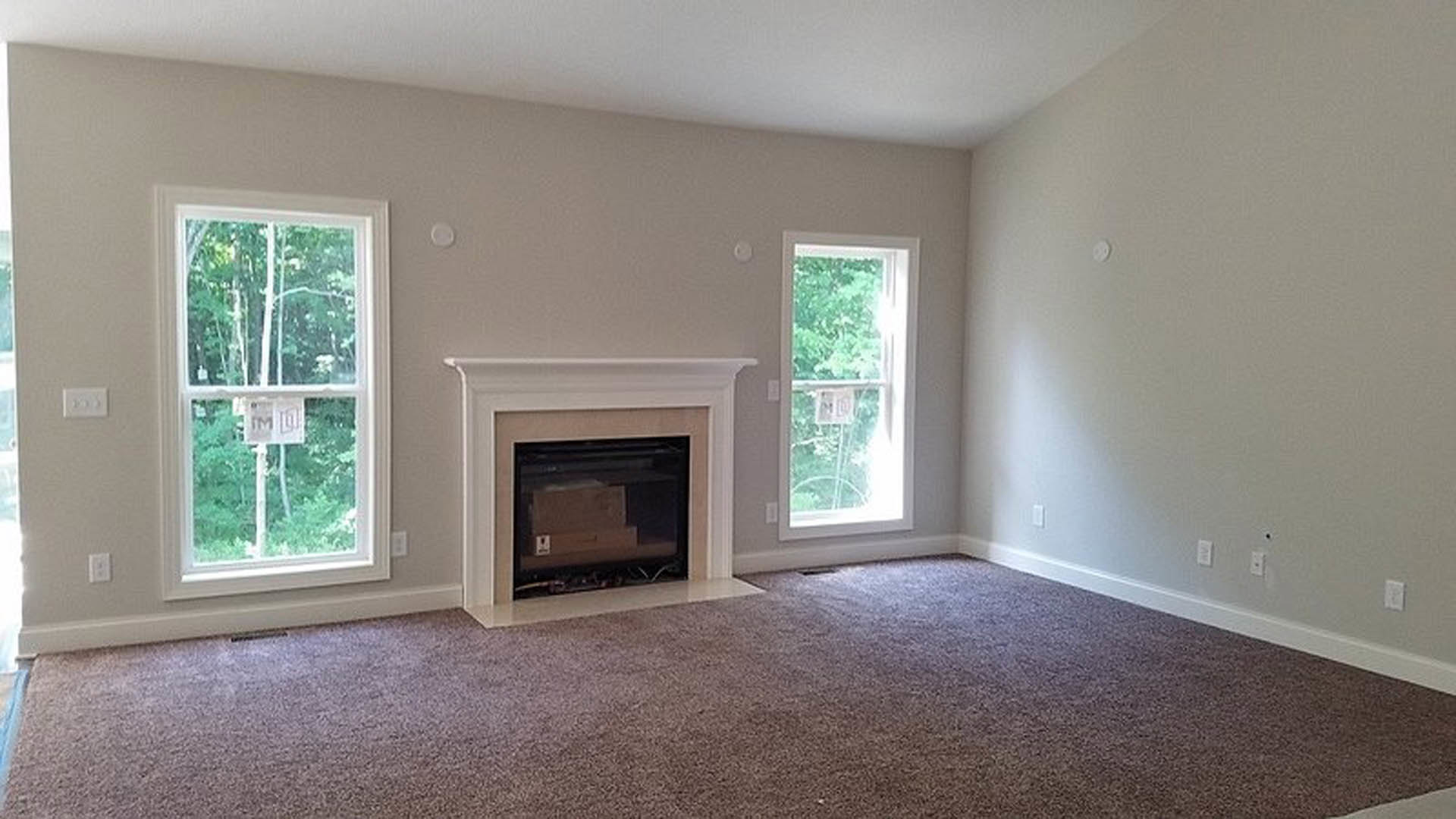 Living room with stone fireplace, hardwood floors, large windows, glass door with visible box, white electrical outlet with black text on wall