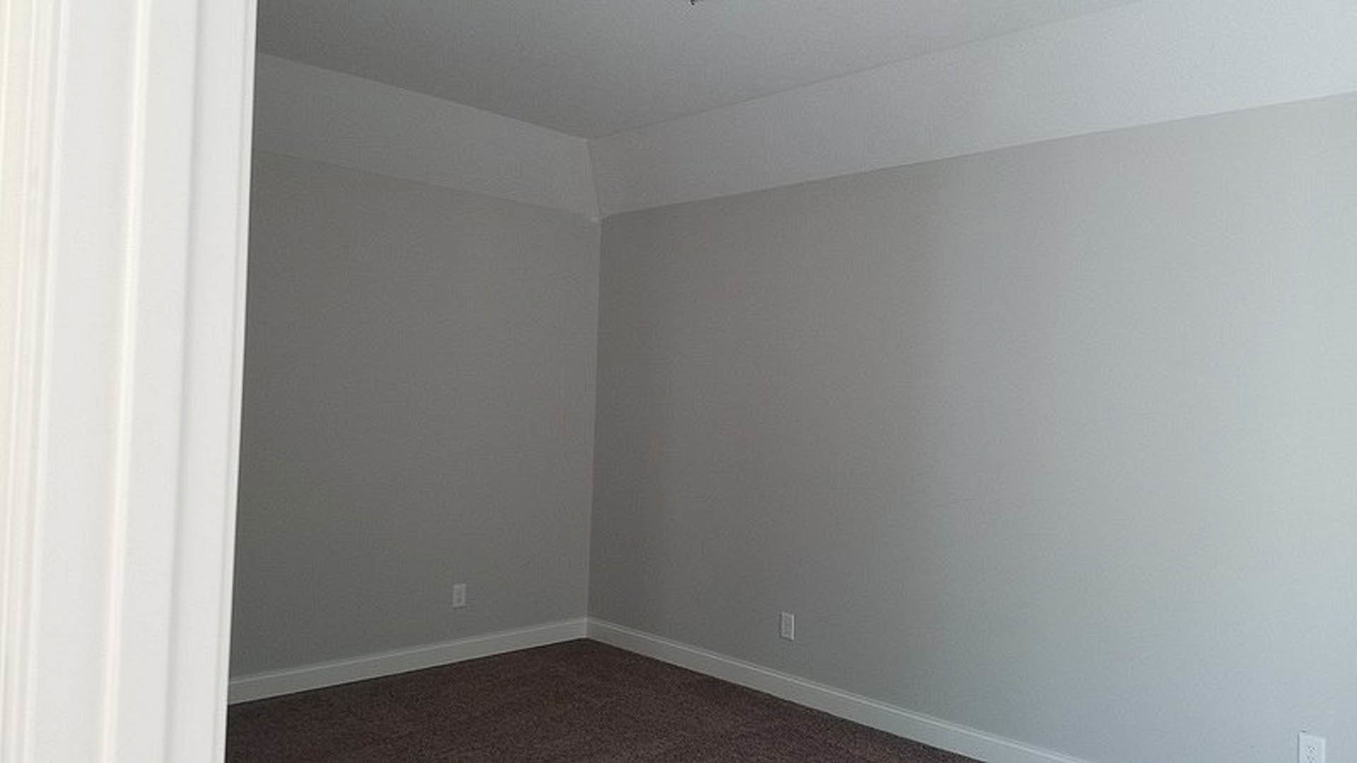 White plaster wall with crown molding, light hardwood flooring, and smooth white ceiling in a modern residential room.