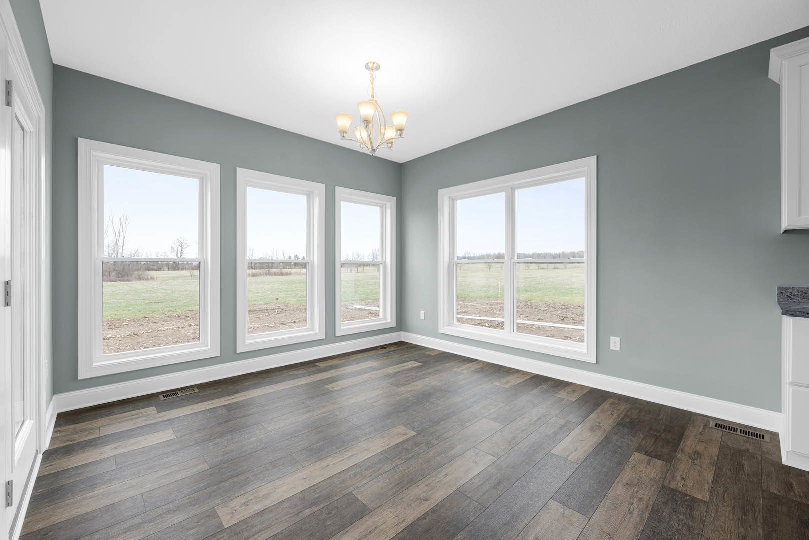 Spacious room featuring large windows overlooking a grassy field, wood flooring, white plaster walls, and a modern chandelier with multiple light fixtures.