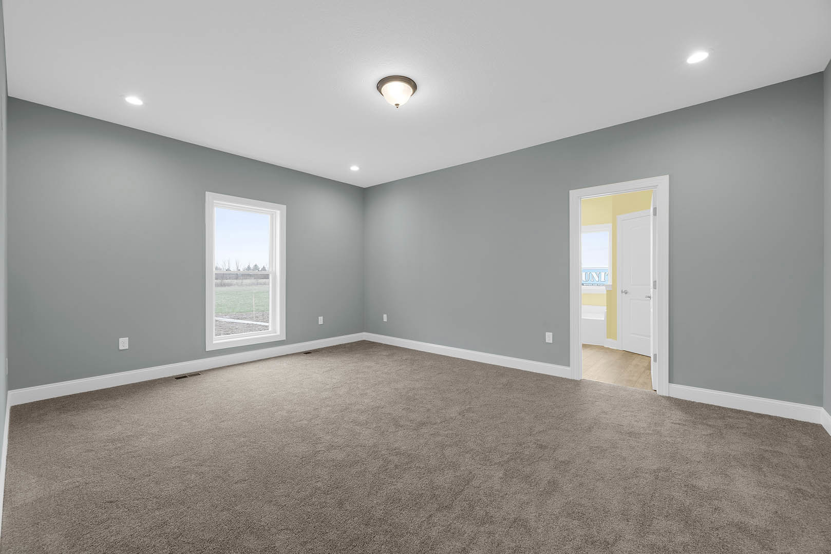 Grey-walled carpeted room with a window overlooking a field, white door with glass panel open, ceiling light fixture, and silver door handles