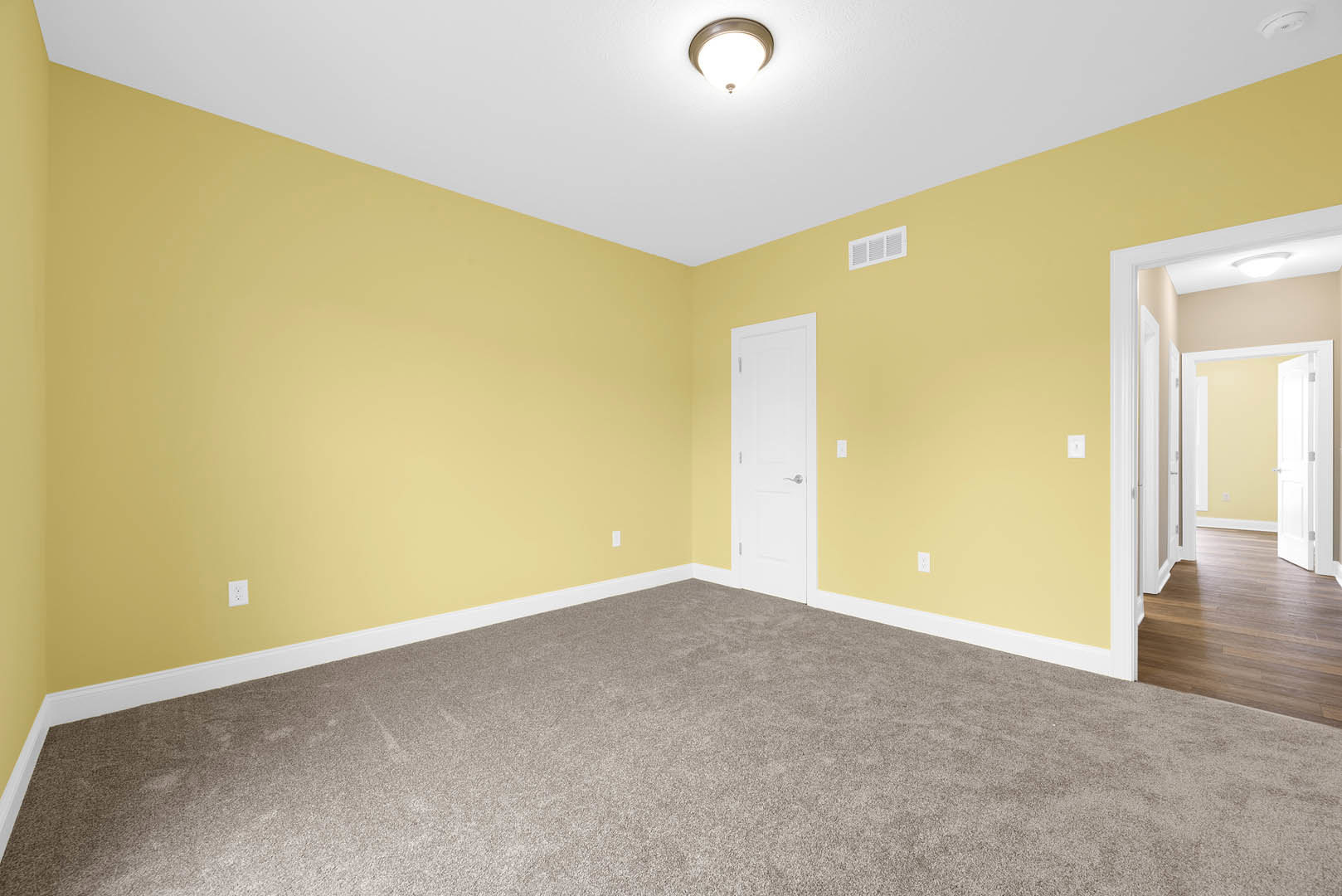 Yellow walls with white trim, ceiling-mounted light fixture, white door with silver handle, carpeted floor adjacent to hardwood flooring