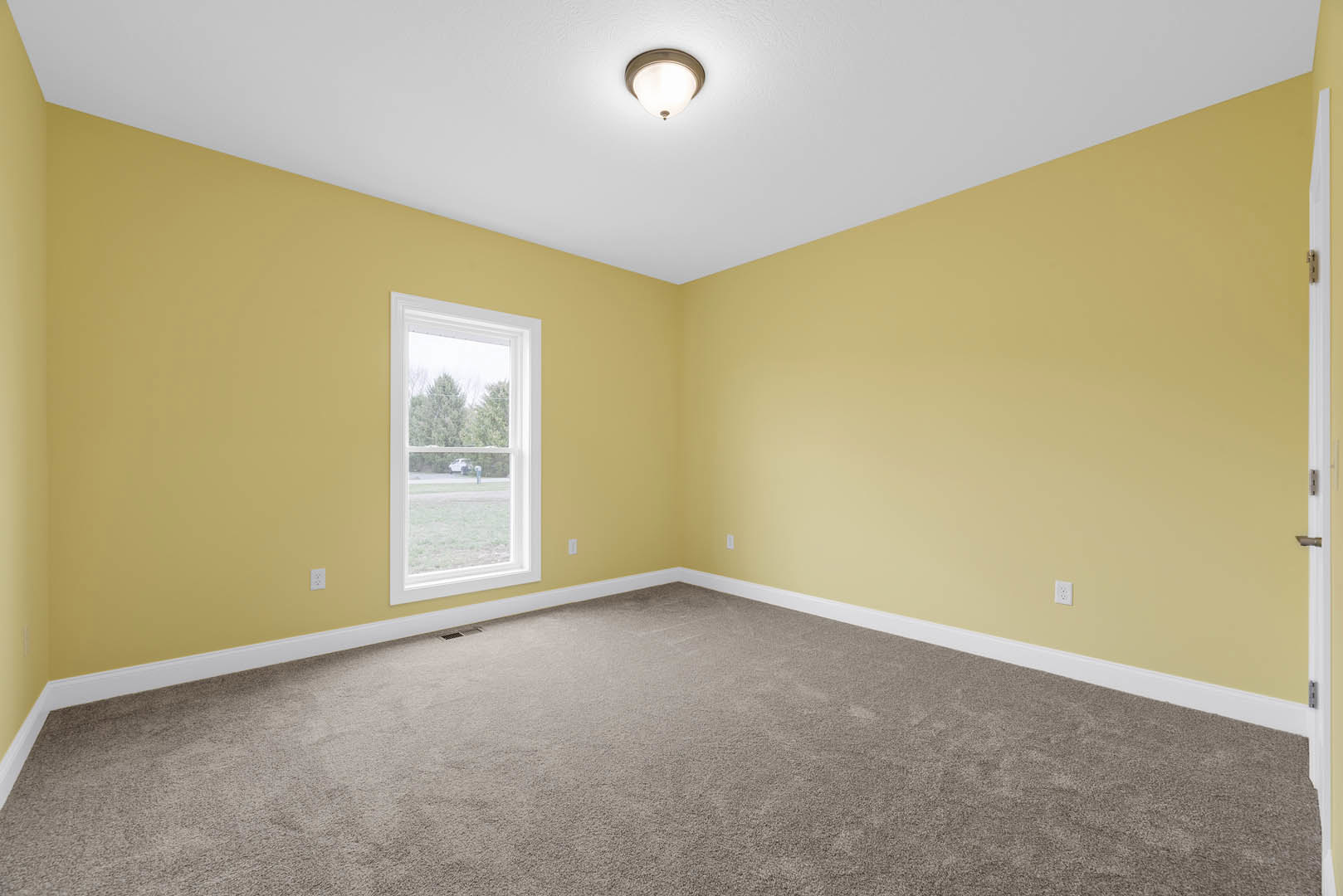 Bedroom with yellow walls, white-framed window overlooking distant trees, beige carpet flooring, ceiling light fixture, and white baseboard molding