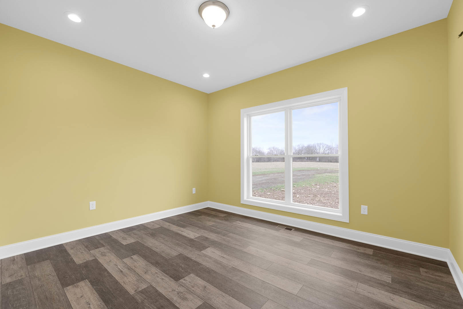 Sunlit room with wide window overlooking grassy field, light wood flooring, white plaster walls, ceiling light fixture, and simple crown molding.