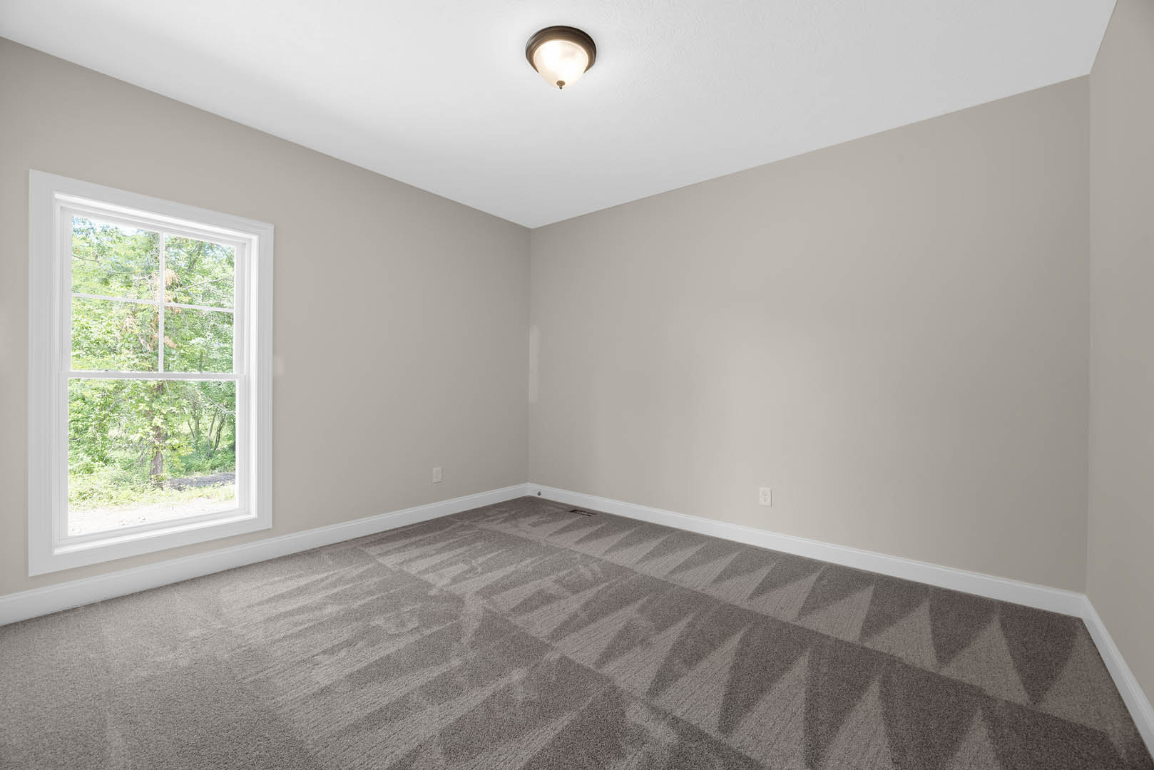 Carpeted room with white walls, large window overlooking trees, ceiling light fixture, and crown molding