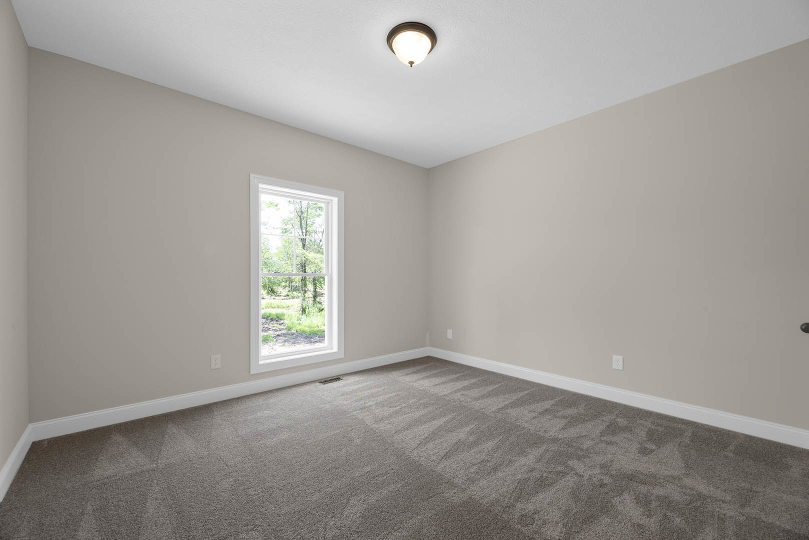 Carpeted room with white walls, large window overlooking trees, ceiling-mounted light fixture, simple baseboard molding