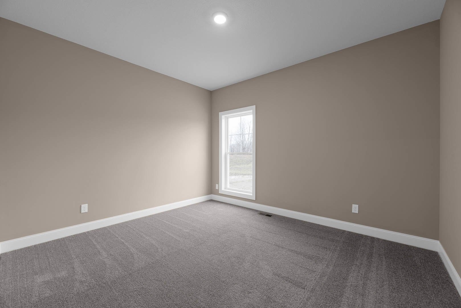 Bright room with white walls, grey carpet flooring, large window overlooking grassy field and trees, recessed ceiling light fixture