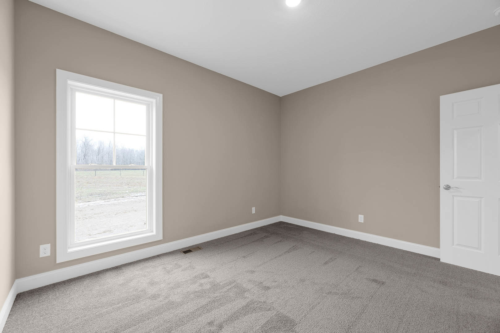 Bright room with grey carpet, white walls, large window overlooking green field and trees, white door with molding, baseboard trim