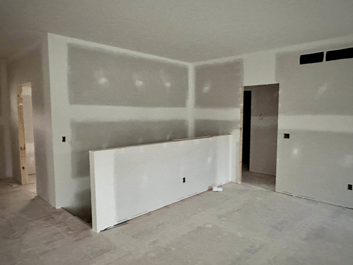 Room with smooth white plaster walls, concrete floor, white ceiling, and a single door opening.