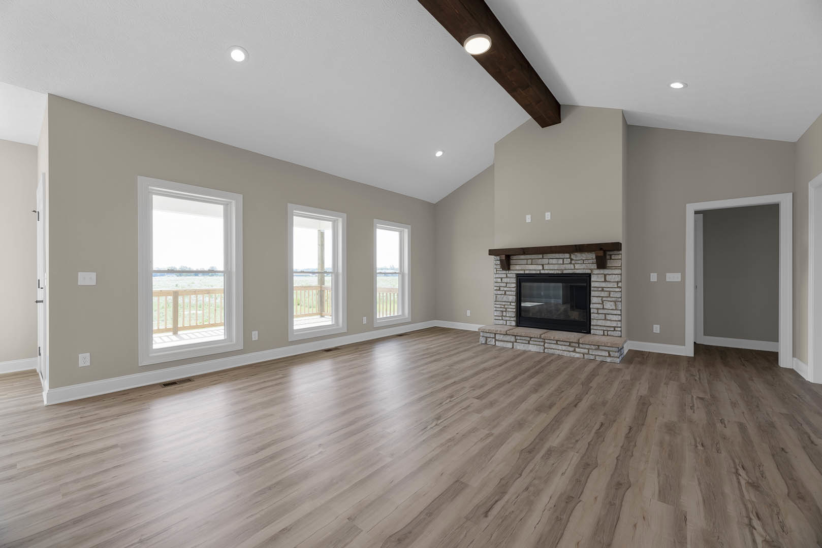 Spacious room with hardwood flooring, black glass-front fireplace, grey walls, white door frame, ceiling light, and window overlooking outdoors