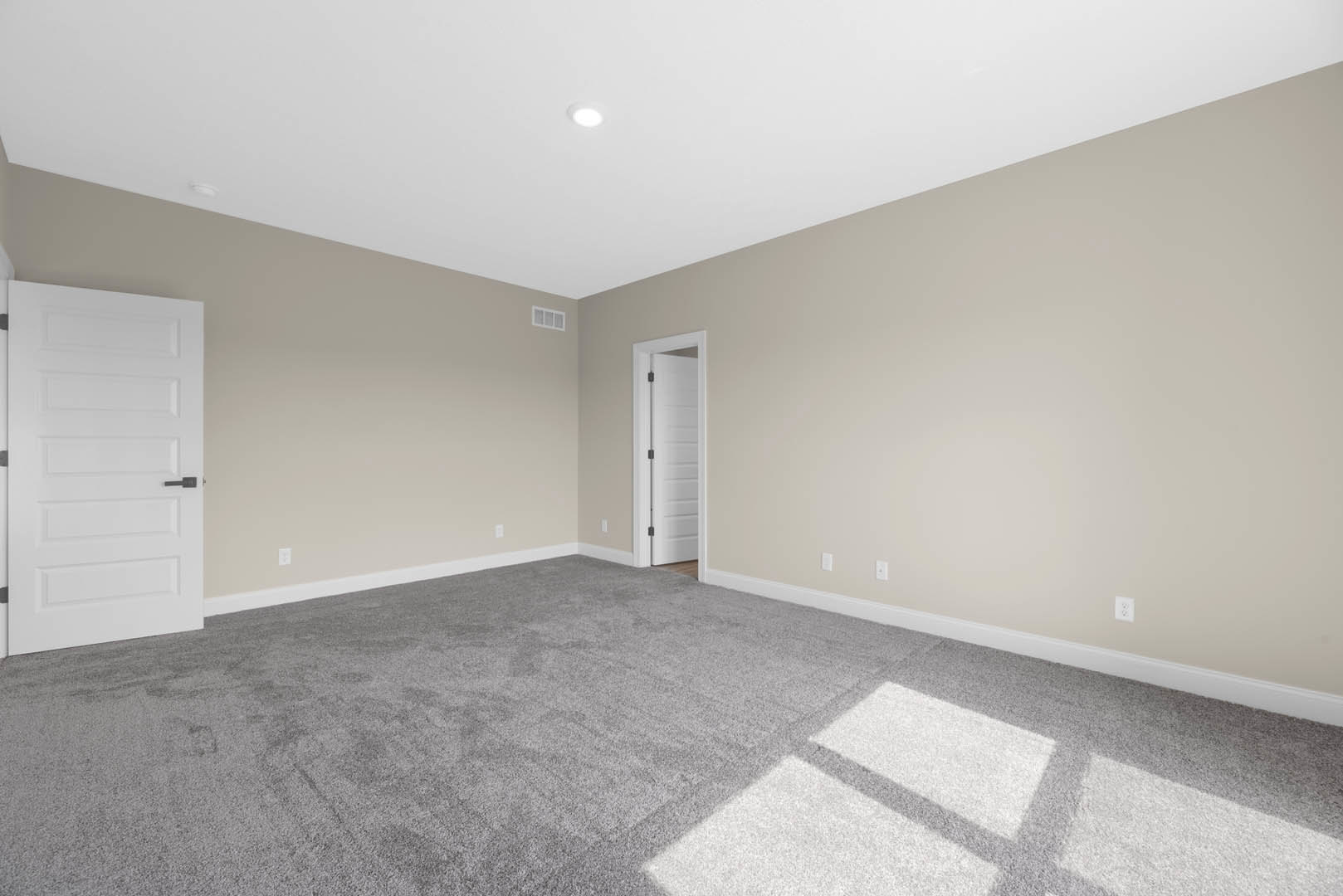 White paneled door with black handle opening into a carpeted room, soft grey walls, ceiling light fixture, and white baseboards