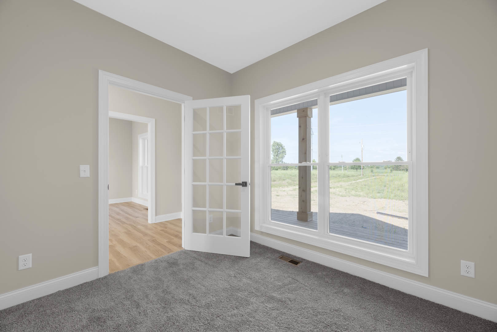 Hardwood floor with a grey rug, white outlet on a plaster wall, close-up of a door, window overlooking a green yard, ceiling vent