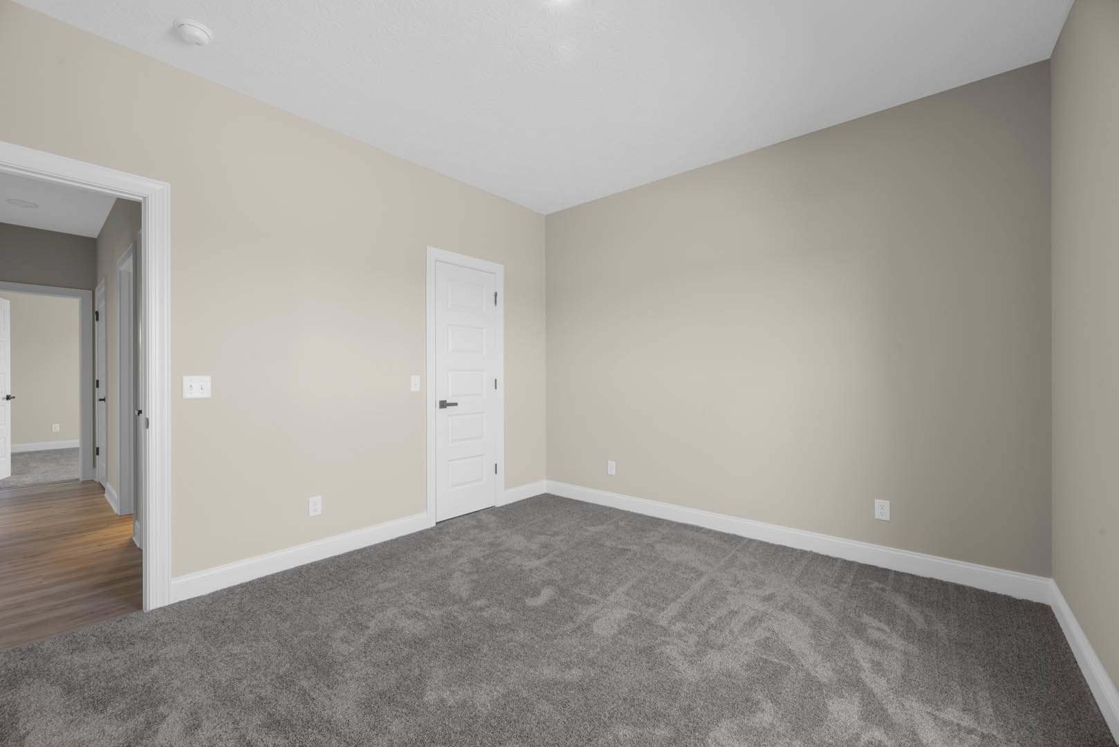 White paneled door with black handle opening into a room with light grey carpet, white walls, and smooth ceiling.
