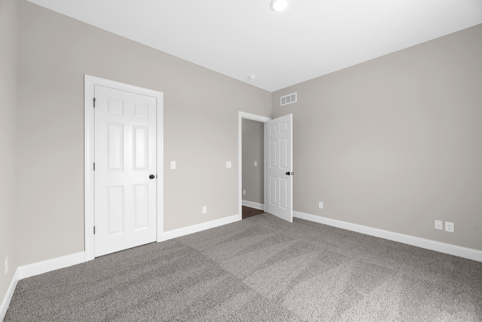 Carpeted room with two white doors featuring black knobs, light switch and electrical outlets on pale plaster walls