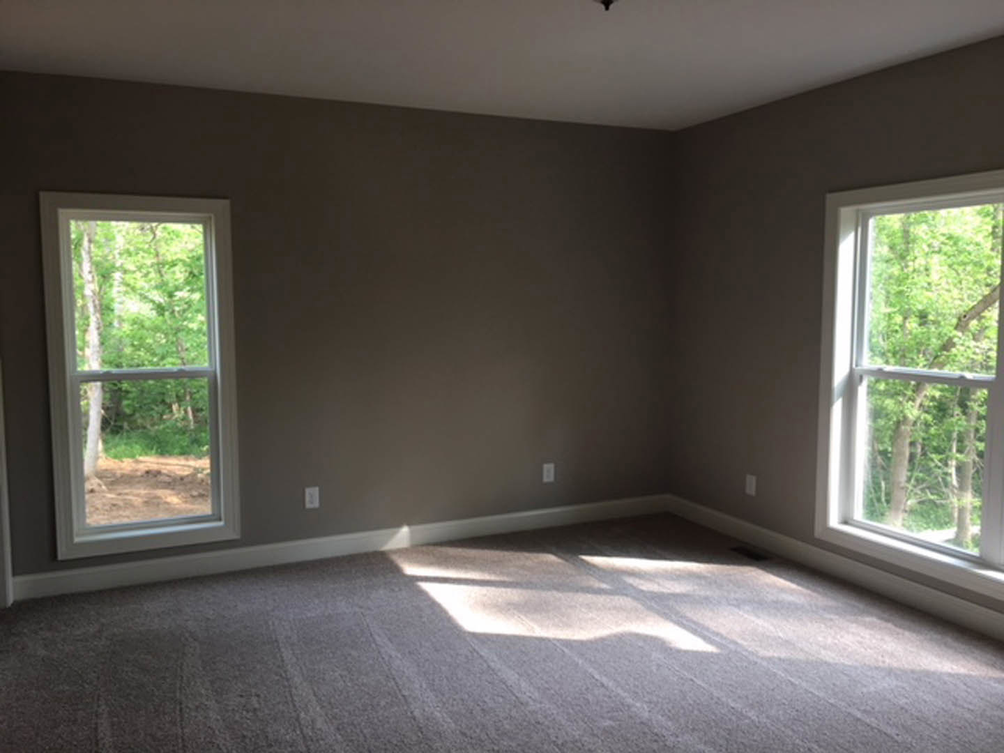 Carpeted room with large windows, sunlight streaming onto light-colored flooring, white walls with black trim, view of green trees outside