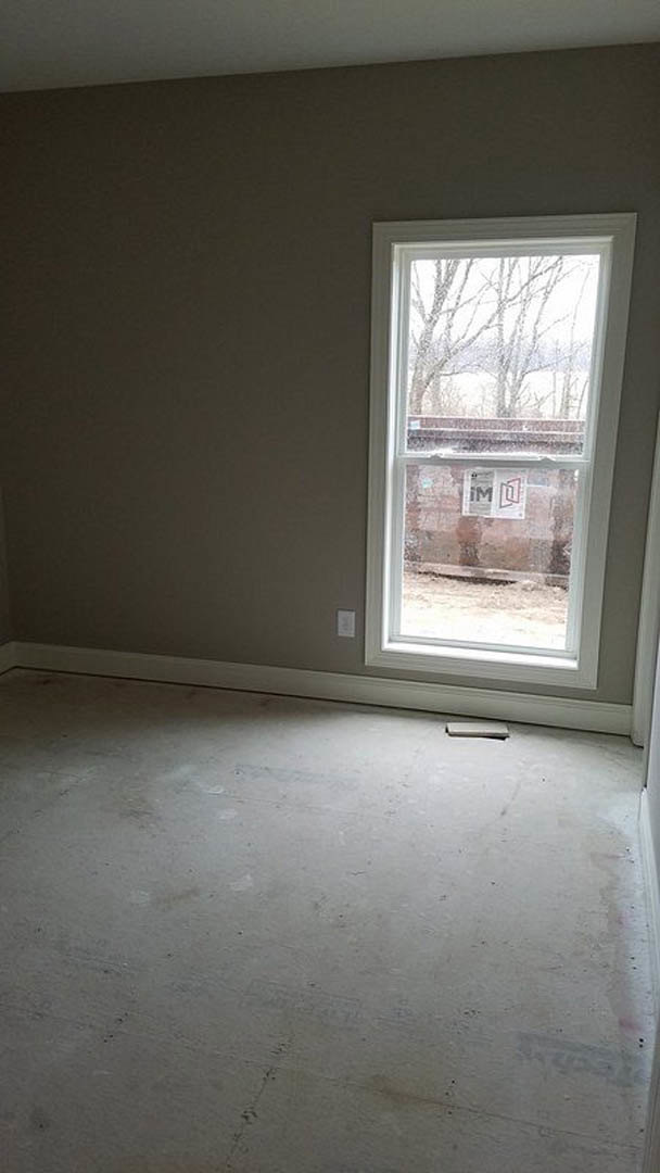 Sunlit room with white carpeted floor, white baseboard, plaster walls, large window, and light streaming onto the floor.