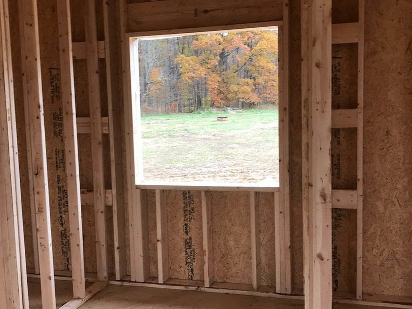 Large window framed by wooden trim overlooking grassy field and trees, natural light illuminating neutral-toned interior wall