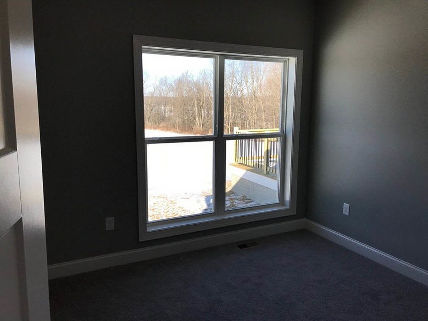 Large window with white trim overlooking snowy trees, carpeted floor with vent and white electrical outlet, close-up of metal railing along wall