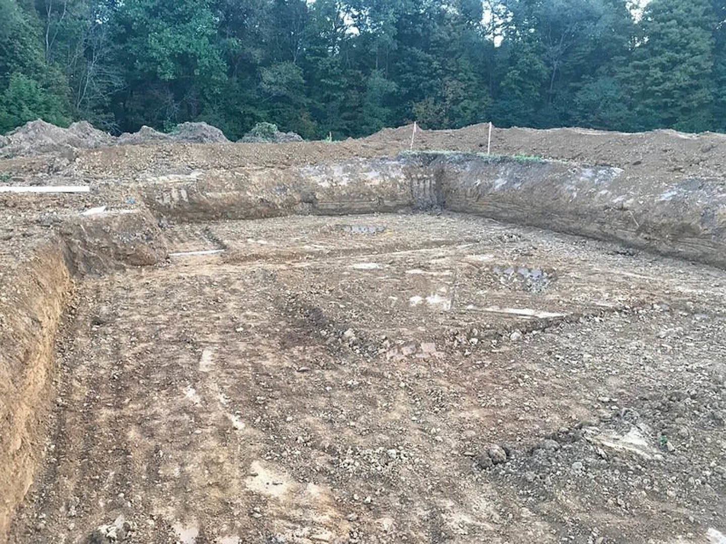Expansive dirt pit bordered by mature trees in the background