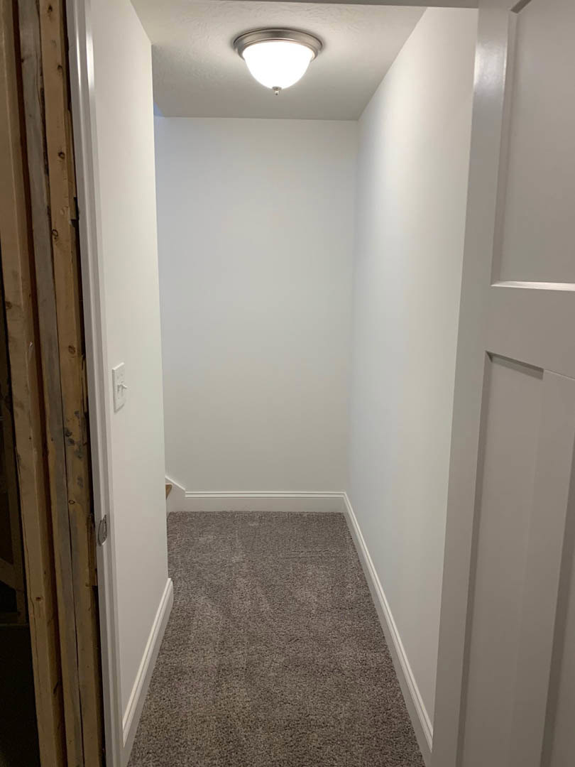 Carpeted hallway with white plaster walls, open wooden door, ceiling light fixture, and visible wood wall detail